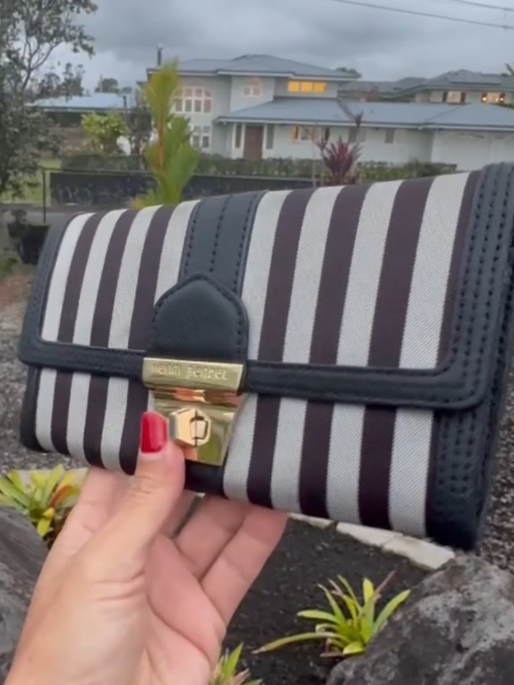 Henri Bendel New York Black White Stripe Continental Wallet Gold Clasp